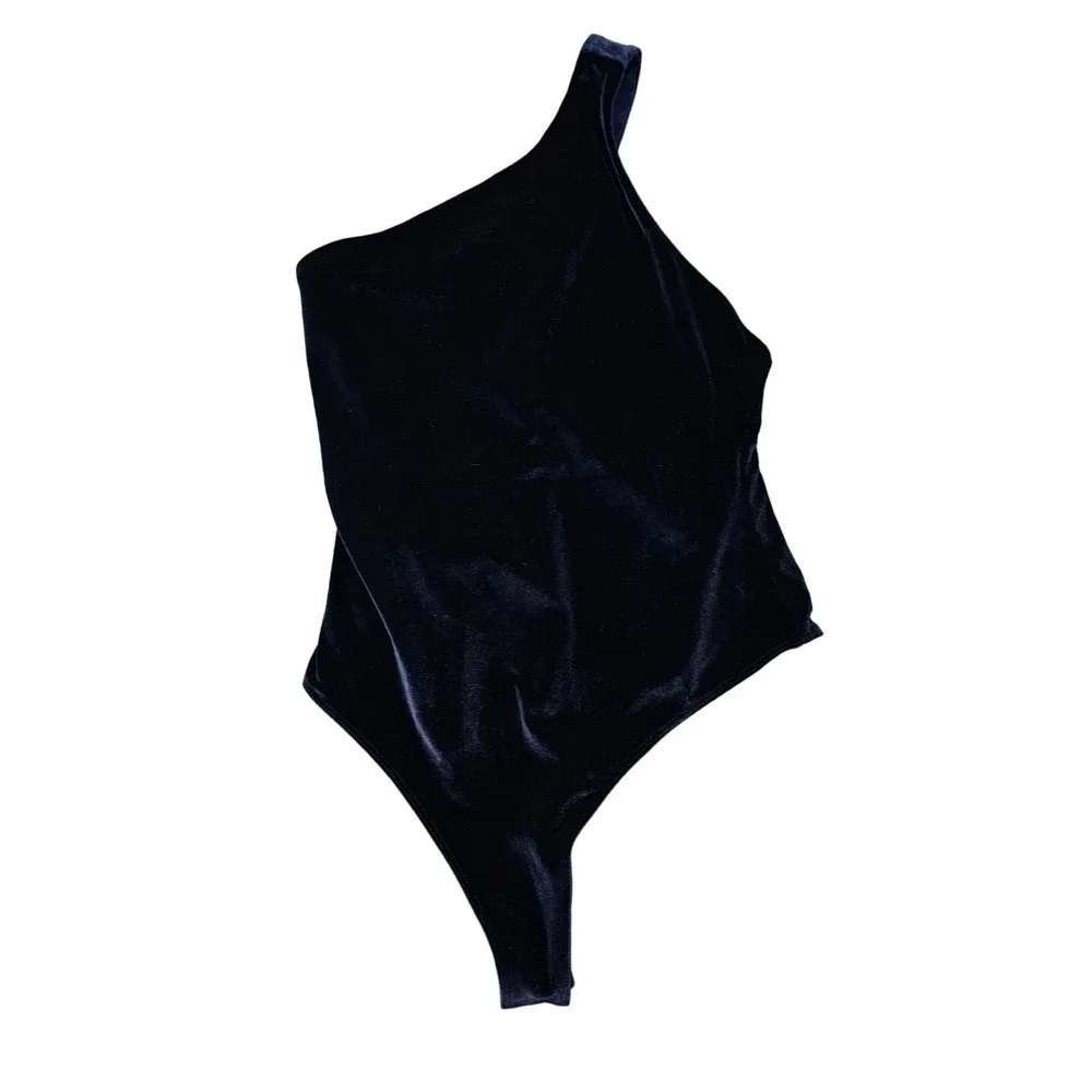 Fabletics Gigi Velour Bodysuit Bodysuit Medium Blue One Shoulder Snap Closure